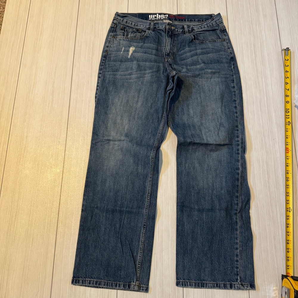 Urban Pipeline Mens Loose Straight Leg Jeans 33x32 Medium Wash Distressed Blue